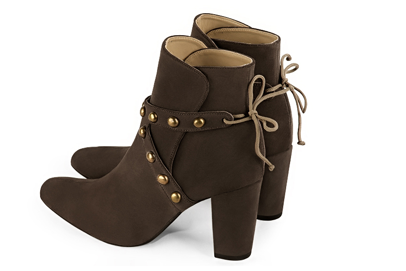 Dark brown women's ankle boots with laces at the back. Round toe. High block heels. Rear view - Florence KOOIJMAN